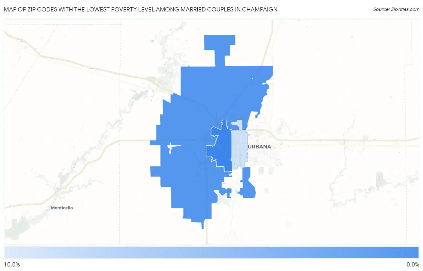 Zip Codes with the Lowest Poverty Level Among Married Couples in Champaign Map