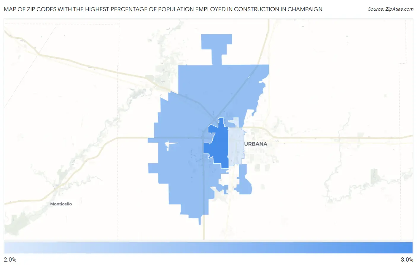 Zip Codes with the Highest Percentage of Population Employed in Construction in Champaign Map