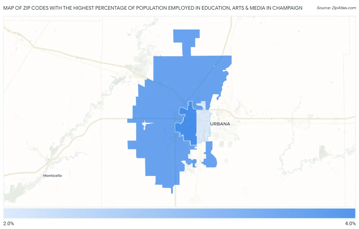 Zip Codes with the Highest Percentage of Population Employed in Education, Arts & Media in Champaign Map