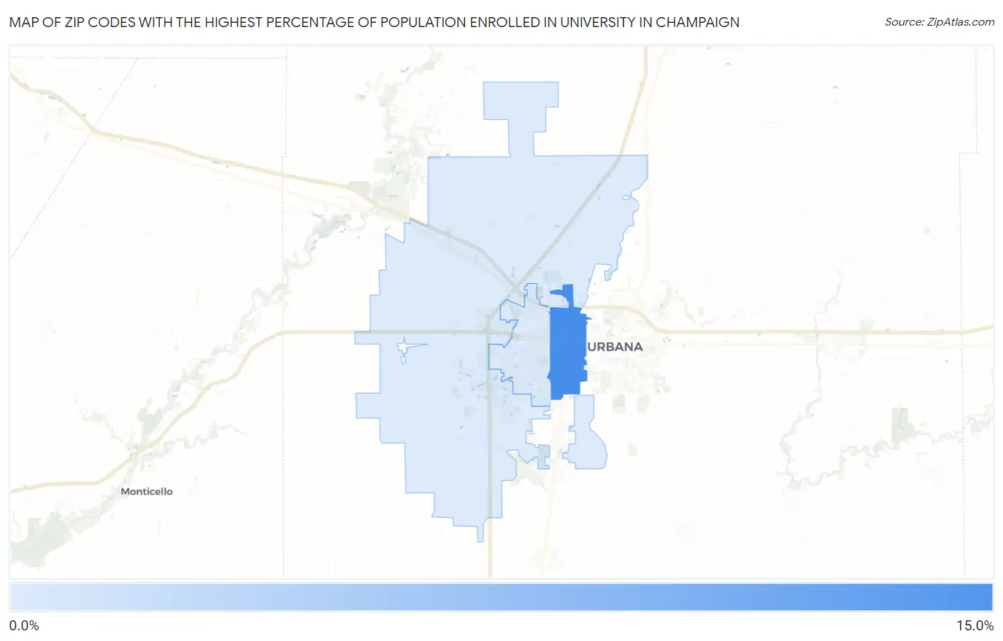 Zip Codes with the Highest Percentage of Population Enrolled in University in Champaign Map