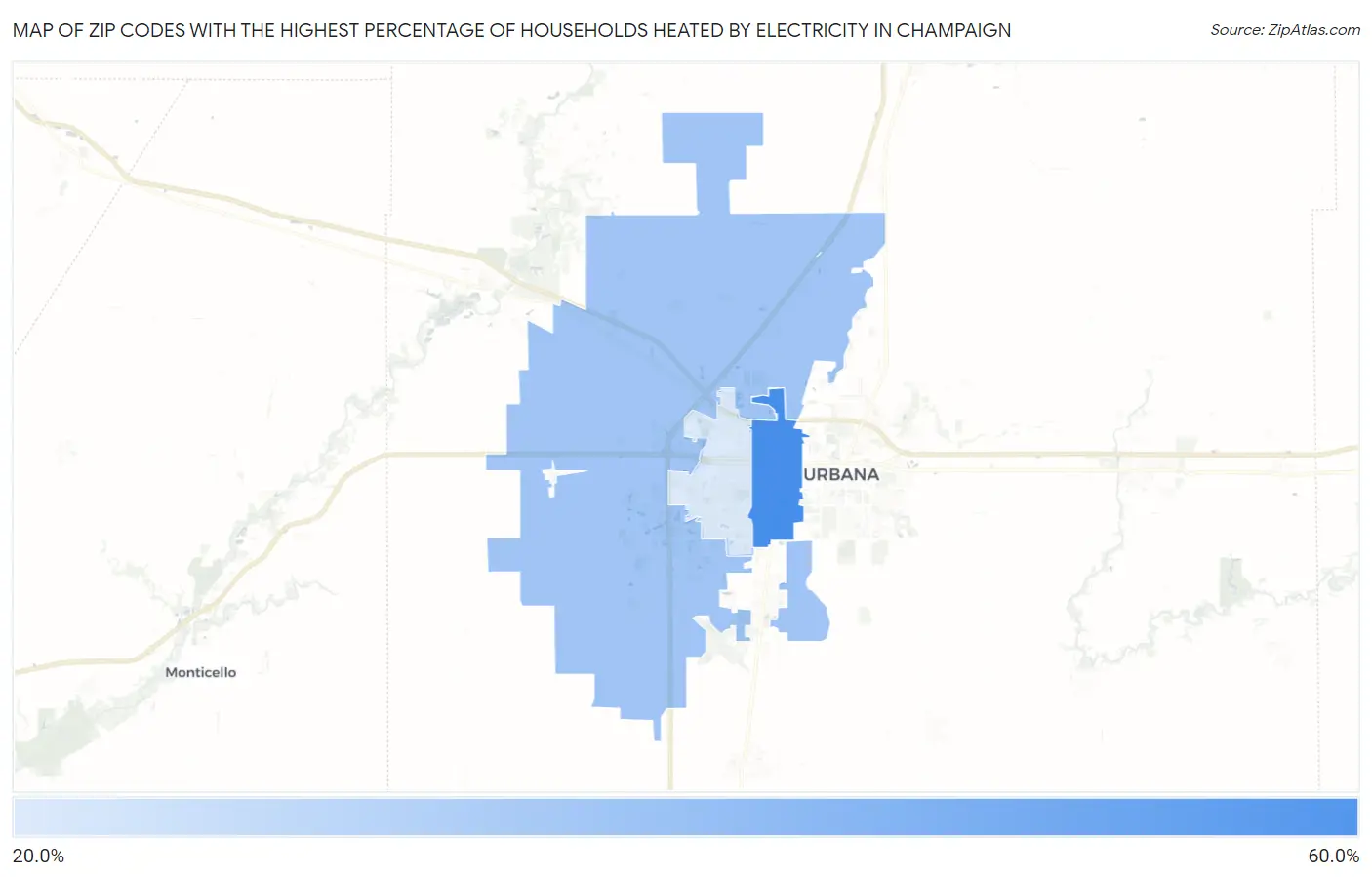 Zip Codes with the Highest Percentage of Households Heated by Electricity in Champaign Map