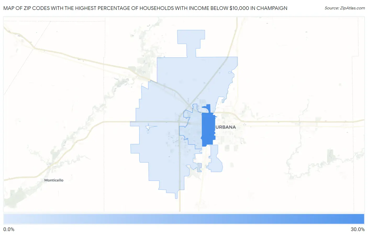Zip Codes with the Highest Percentage of Households with Income Below $10,000 in Champaign Map