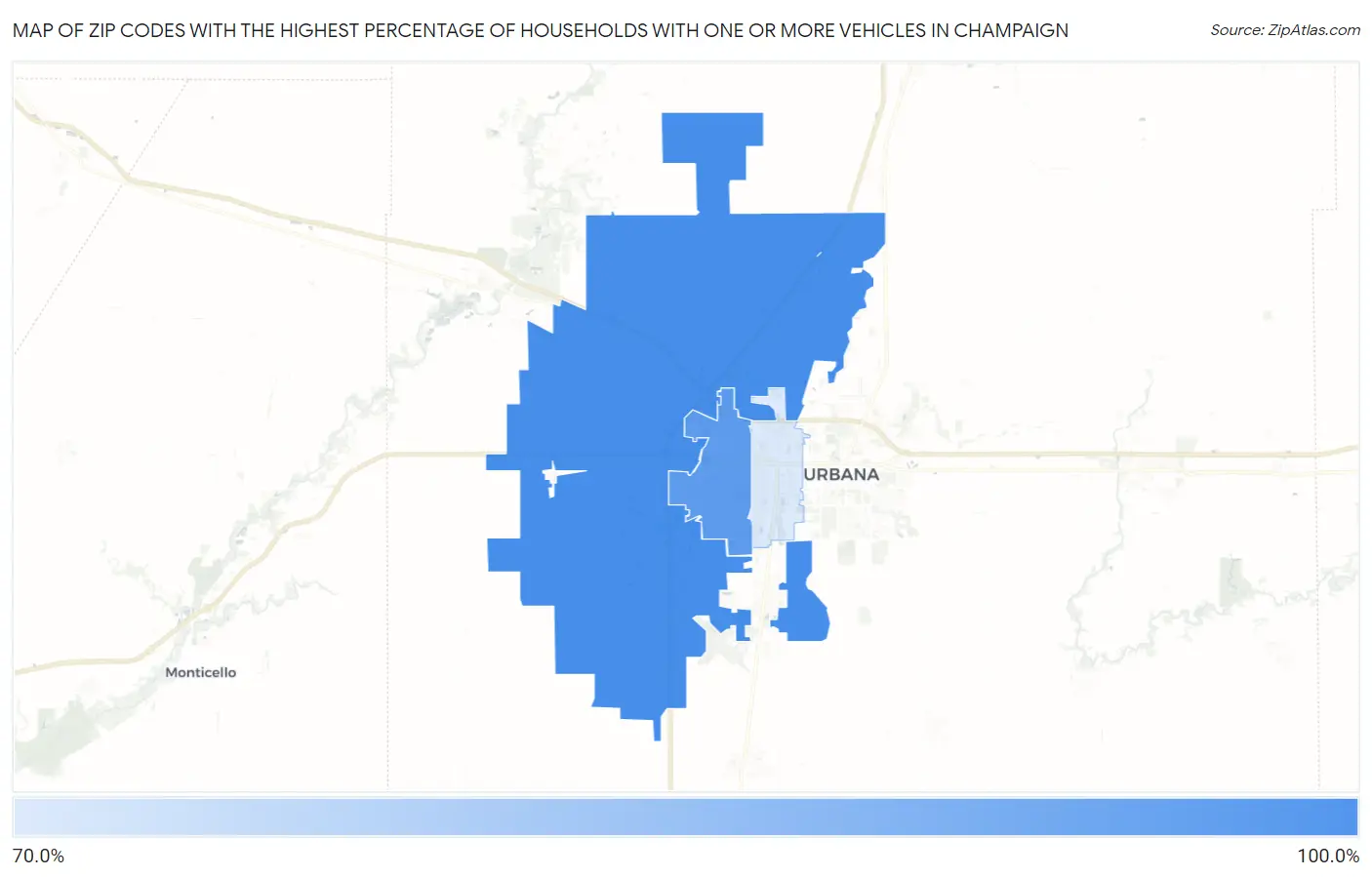 Zip Codes with the Highest Percentage of Households With One or more Vehicles in Champaign Map