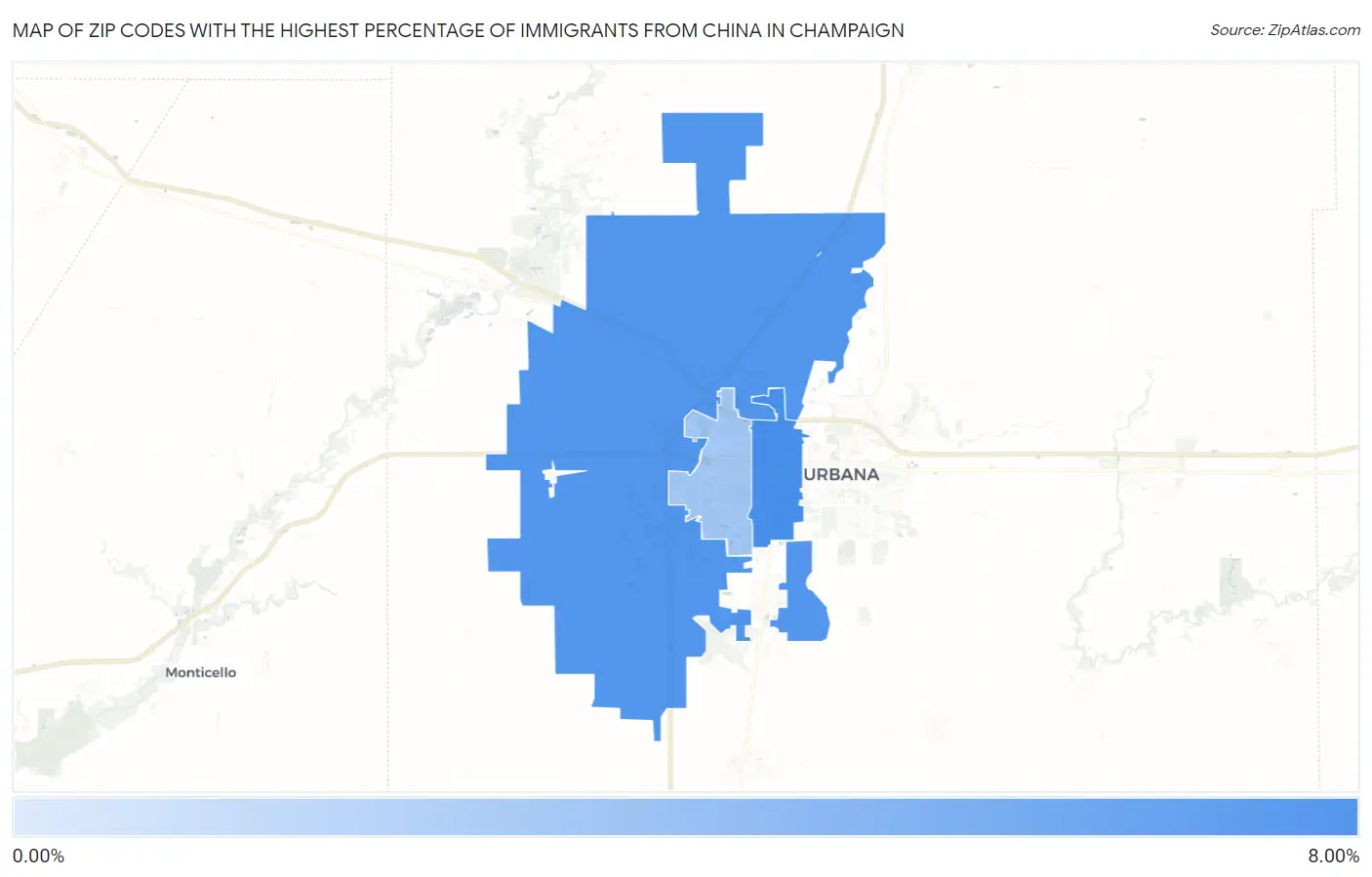 Zip Codes with the Highest Percentage of Immigrants from China in Champaign Map