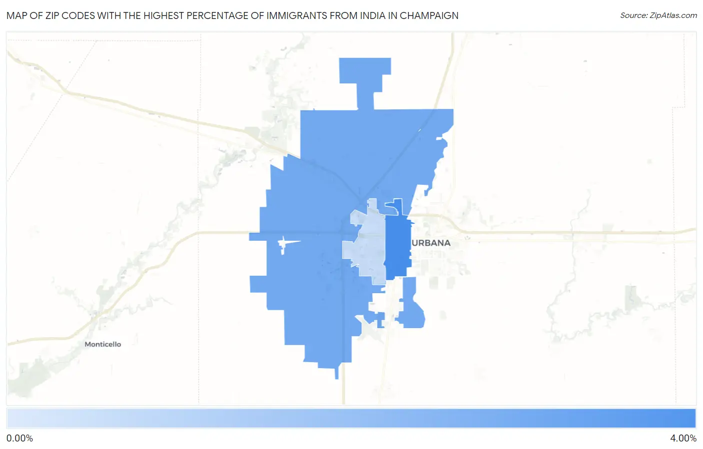 Zip Codes with the Highest Percentage of Immigrants from India in Champaign Map
