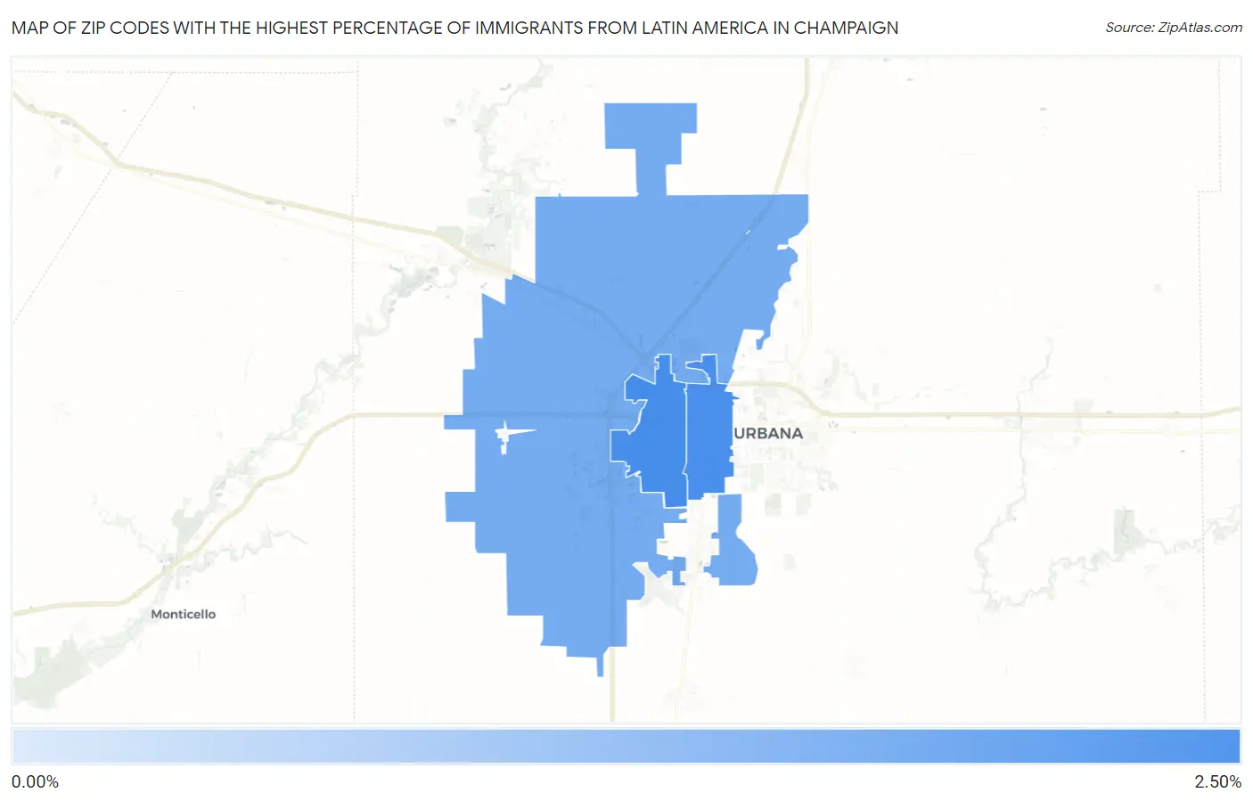 Zip Codes with the Highest Percentage of Immigrants from Latin America in Champaign Map