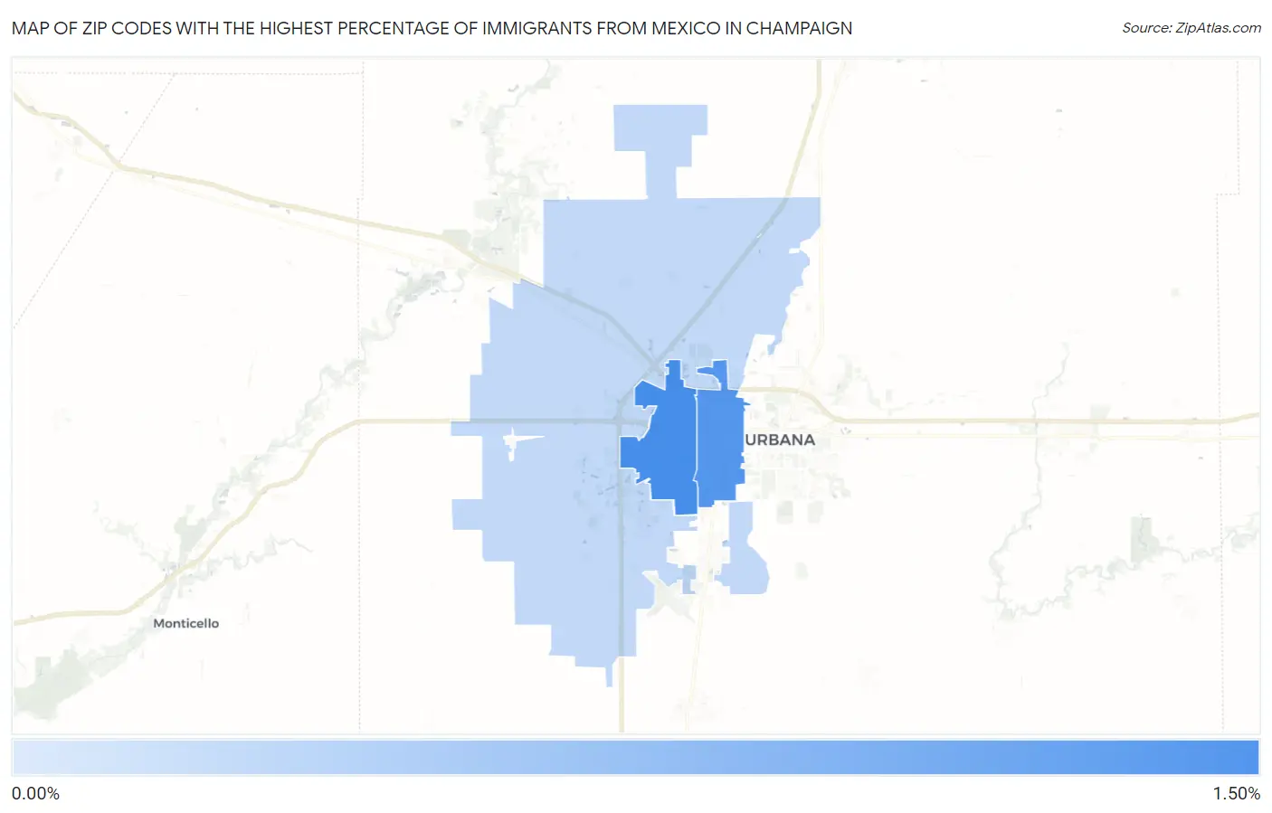 Zip Codes with the Highest Percentage of Immigrants from Mexico in Champaign Map