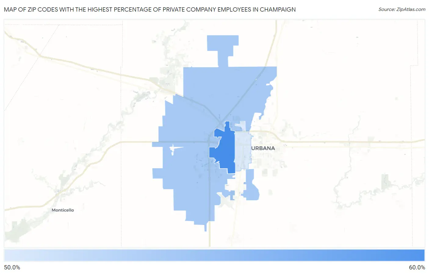 Zip Codes with the Highest Percentage of Private Company Employees in Champaign Map