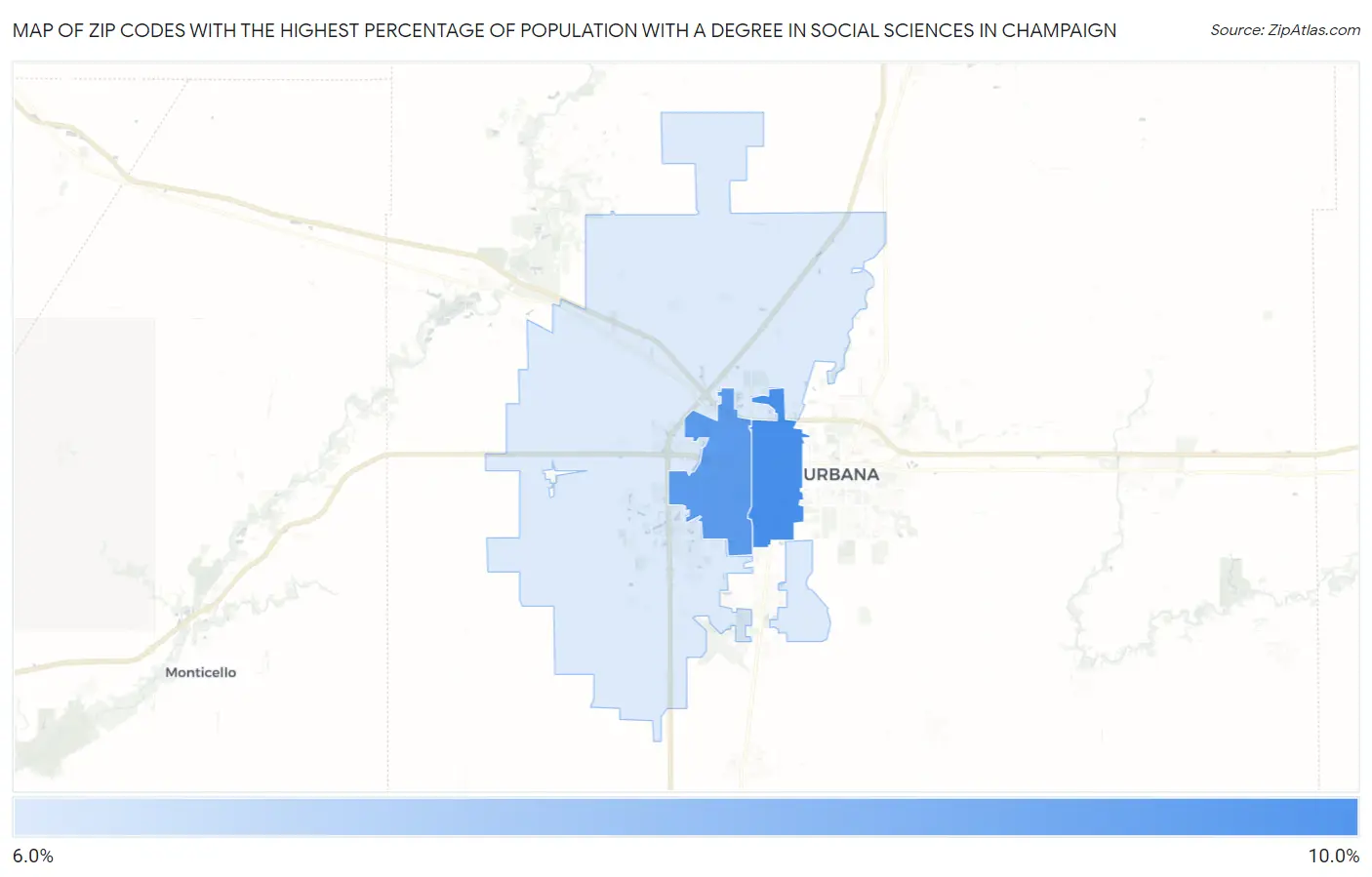 Zip Codes with the Highest Percentage of Population with a Degree in Social Sciences in Champaign Map