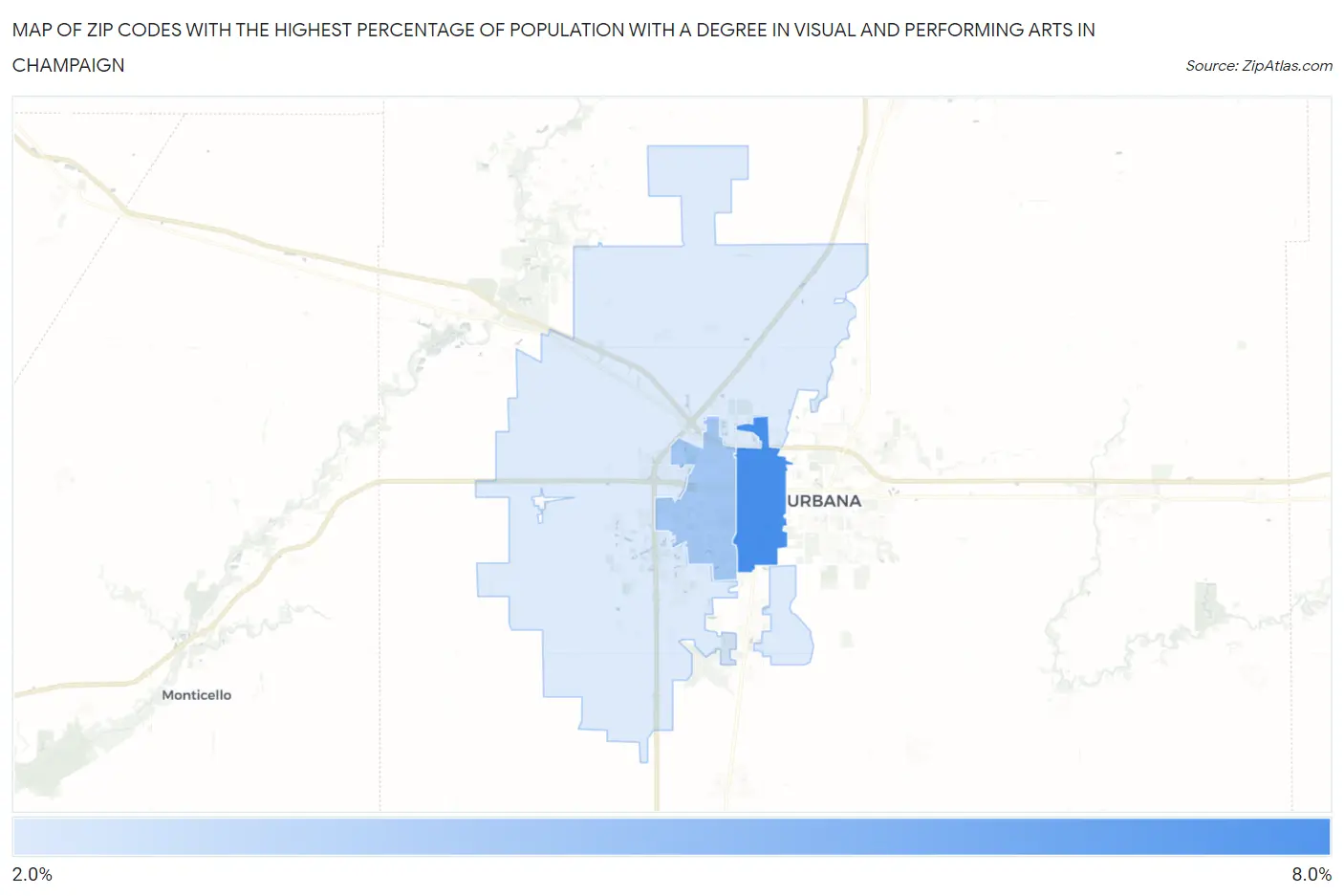 Zip Codes with the Highest Percentage of Population with a Degree in Visual and Performing Arts in Champaign Map