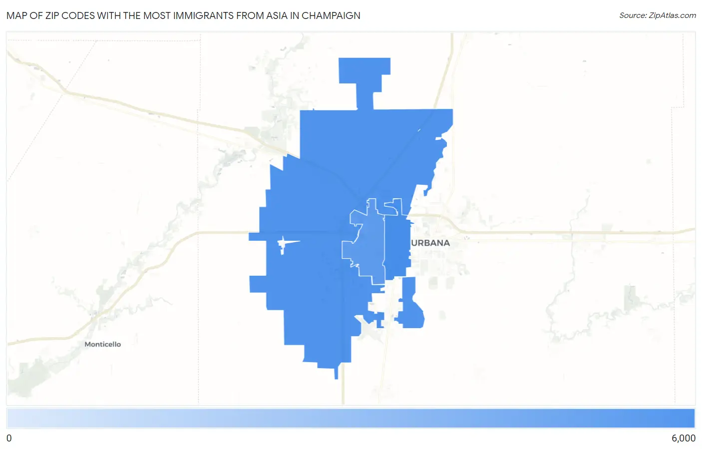 Zip Codes with the Most Immigrants from Asia in Champaign Map
