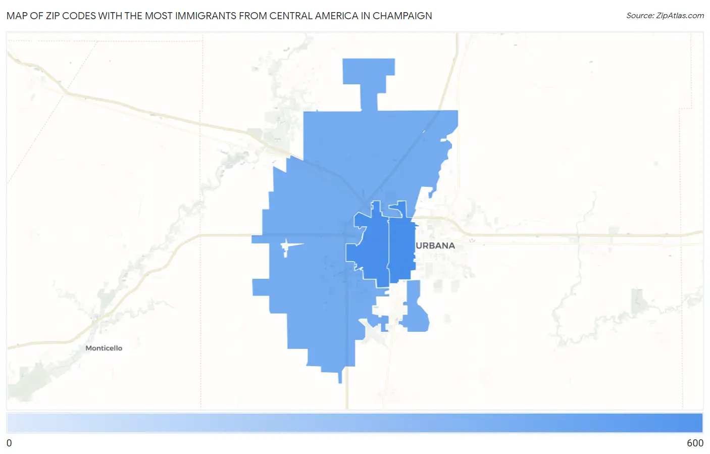 Zip Codes with the Most Immigrants from Central America in Champaign Map