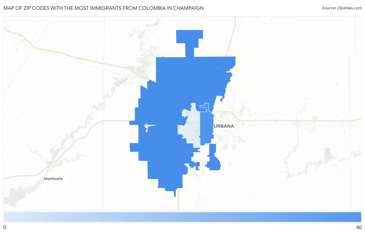 Zip Codes with the Most Immigrants from Colombia in Champaign Map