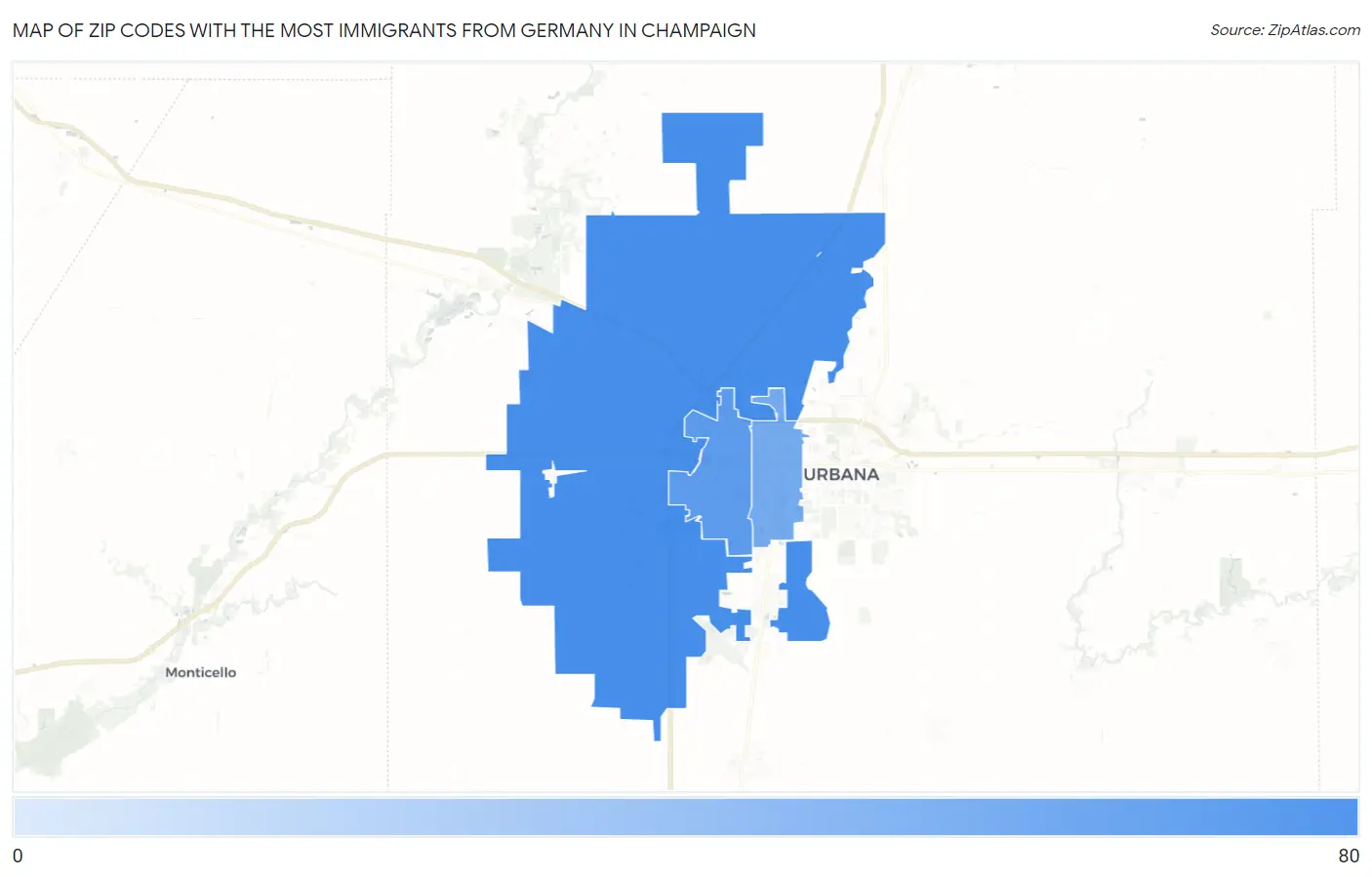 Zip Codes with the Most Immigrants from Germany in Champaign Map