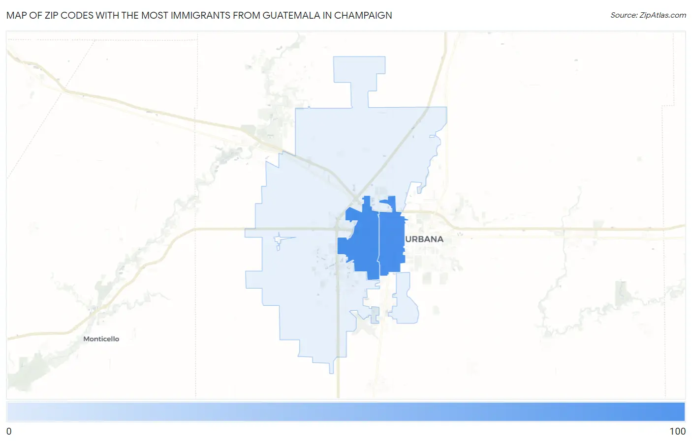 Zip Codes with the Most Immigrants from Guatemala in Champaign Map