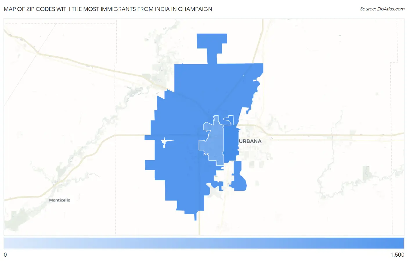 Zip Codes with the Most Immigrants from India in Champaign Map