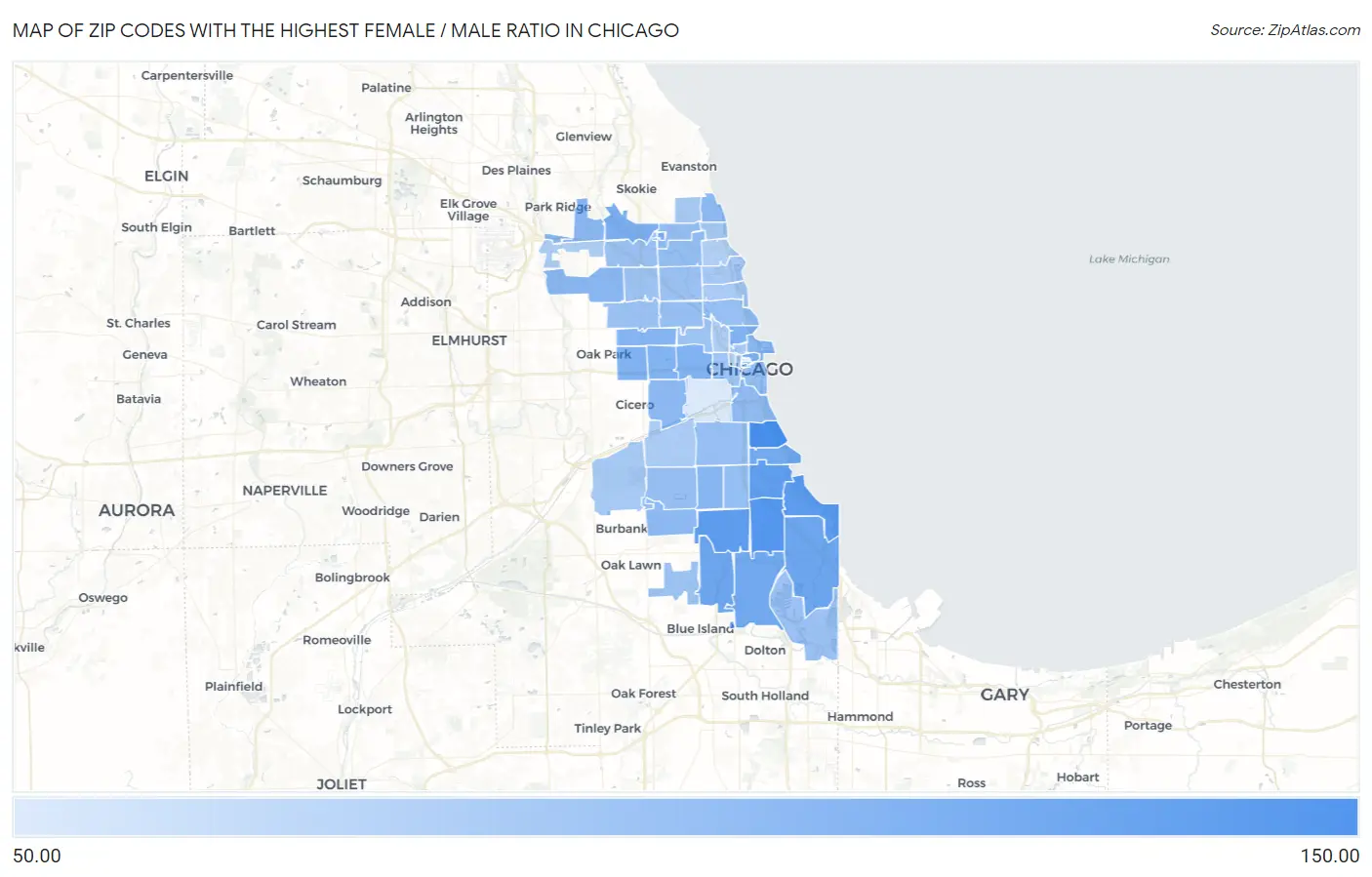 Zip Codes with the Highest Female / Male Ratio in Chicago Map