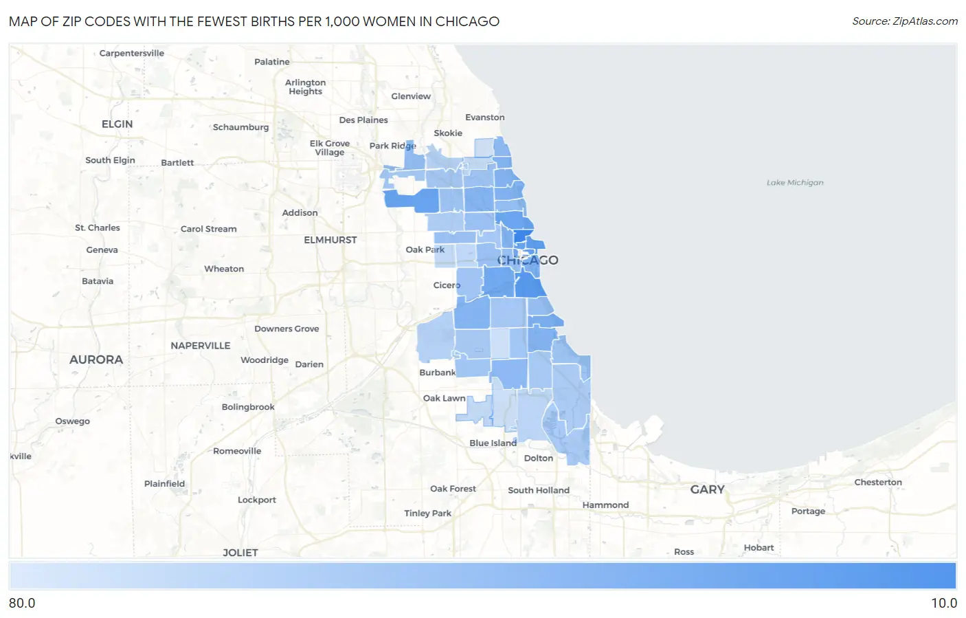 Zip Codes with the Fewest Births per 1,000 Women in Chicago Map