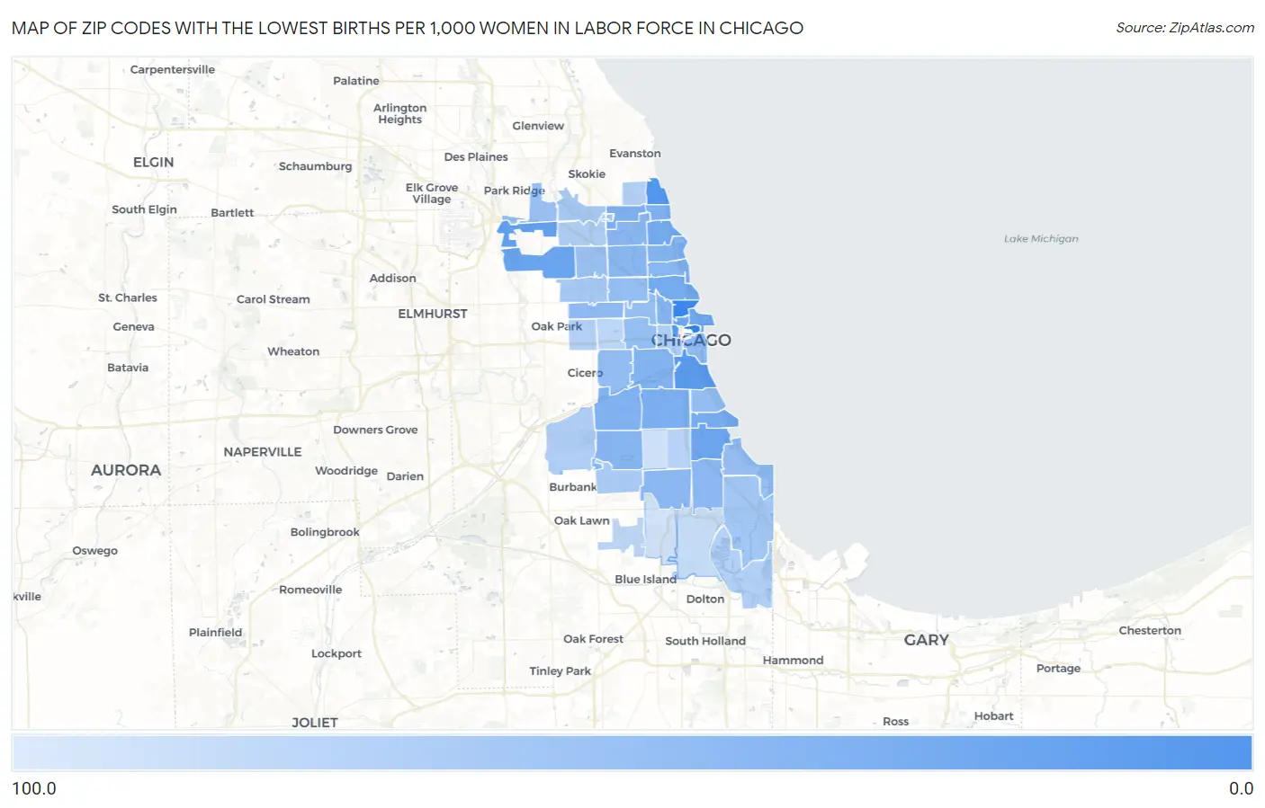 Zip Codes with the Lowest Births per 1,000 Women in Labor Force in Chicago Map