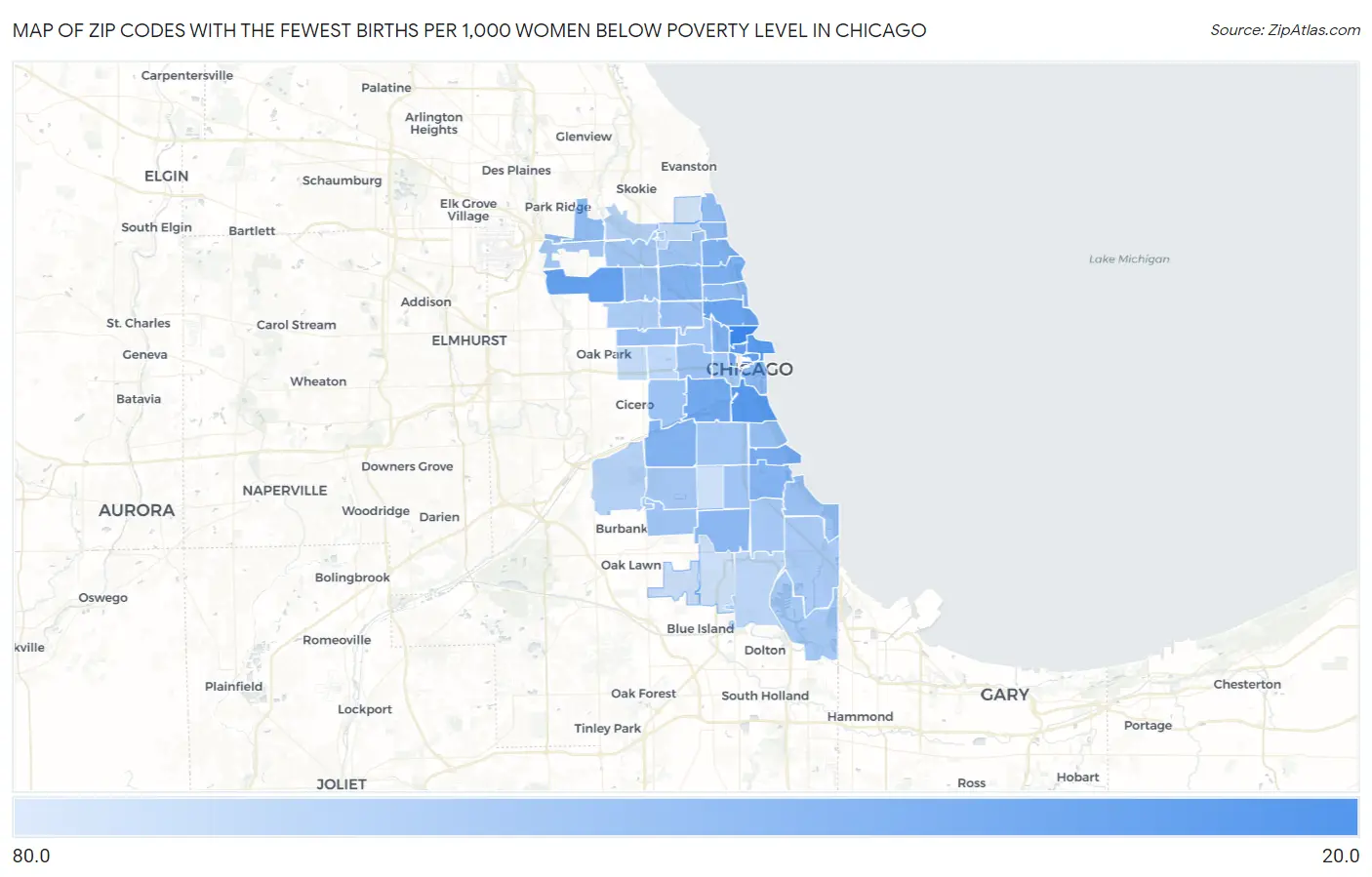Zip Codes with the Fewest Births per 1,000 Women Below Poverty Level in Chicago Map