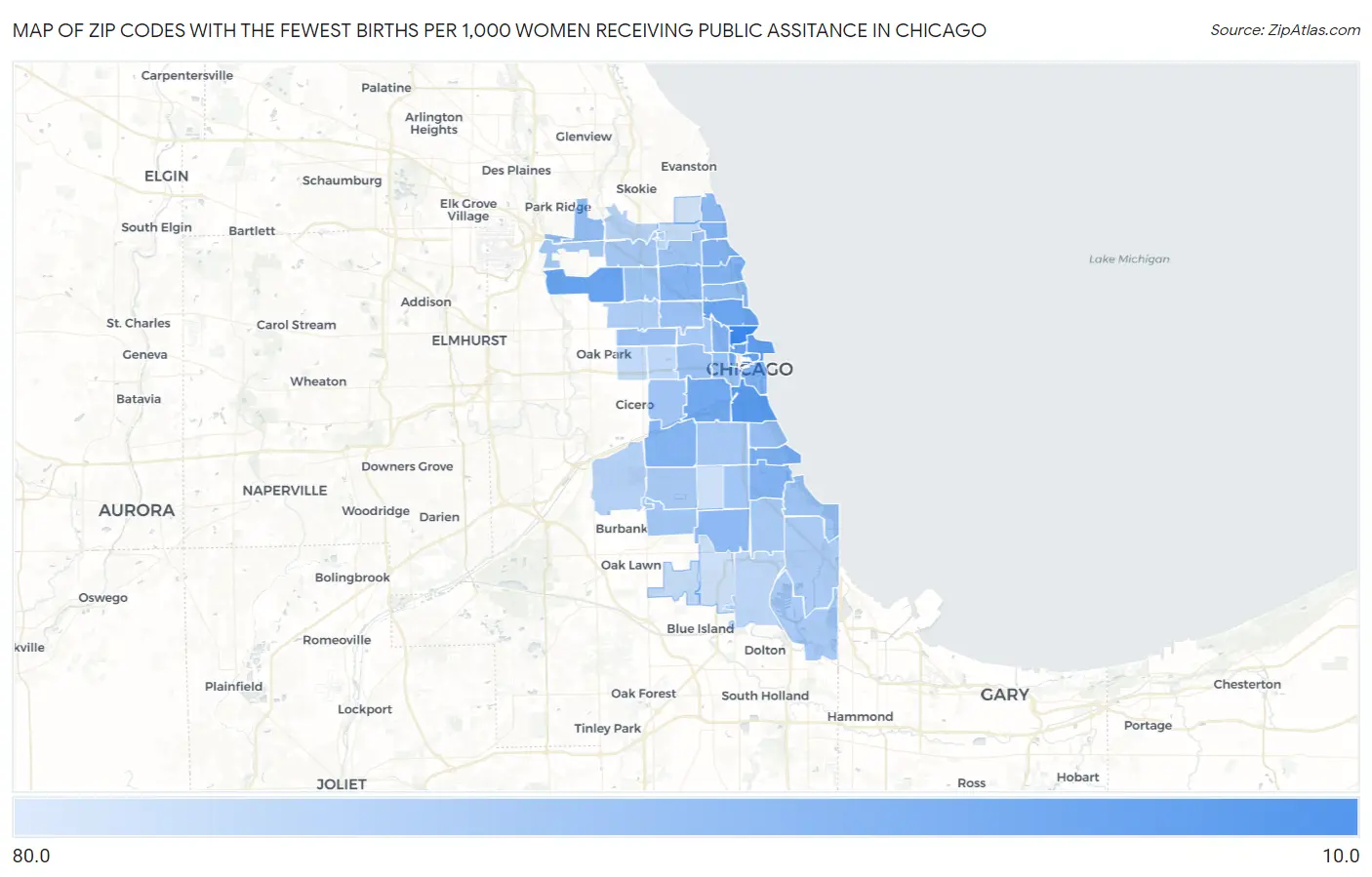 Zip Codes with the Fewest Births per 1,000 Women Receiving Public Assitance in Chicago Map