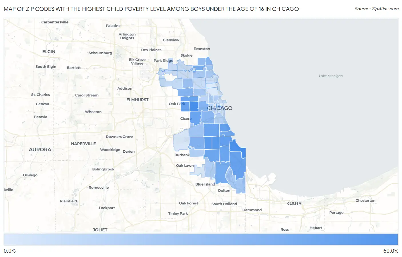 Zip Codes with the Highest Child Poverty Level Among Boys Under the Age of 16 in Chicago Map