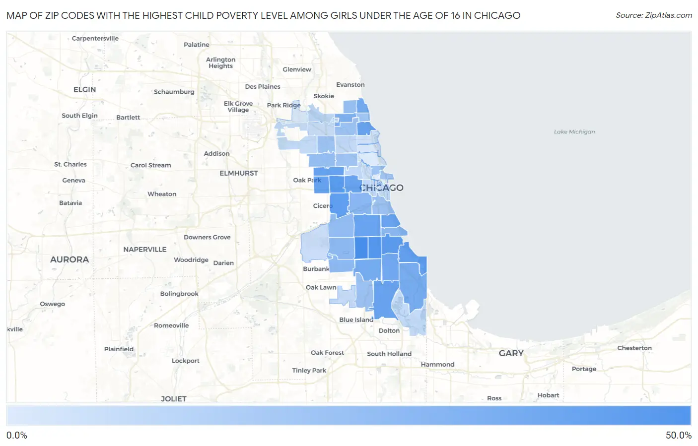 Zip Codes with the Highest Child Poverty Level Among Girls Under the Age of 16 in Chicago Map