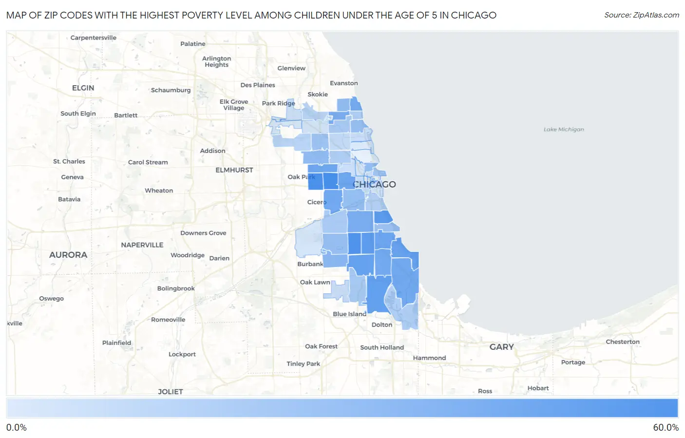 Zip Codes with the Highest Poverty Level Among Children Under the Age of 5 in Chicago Map
