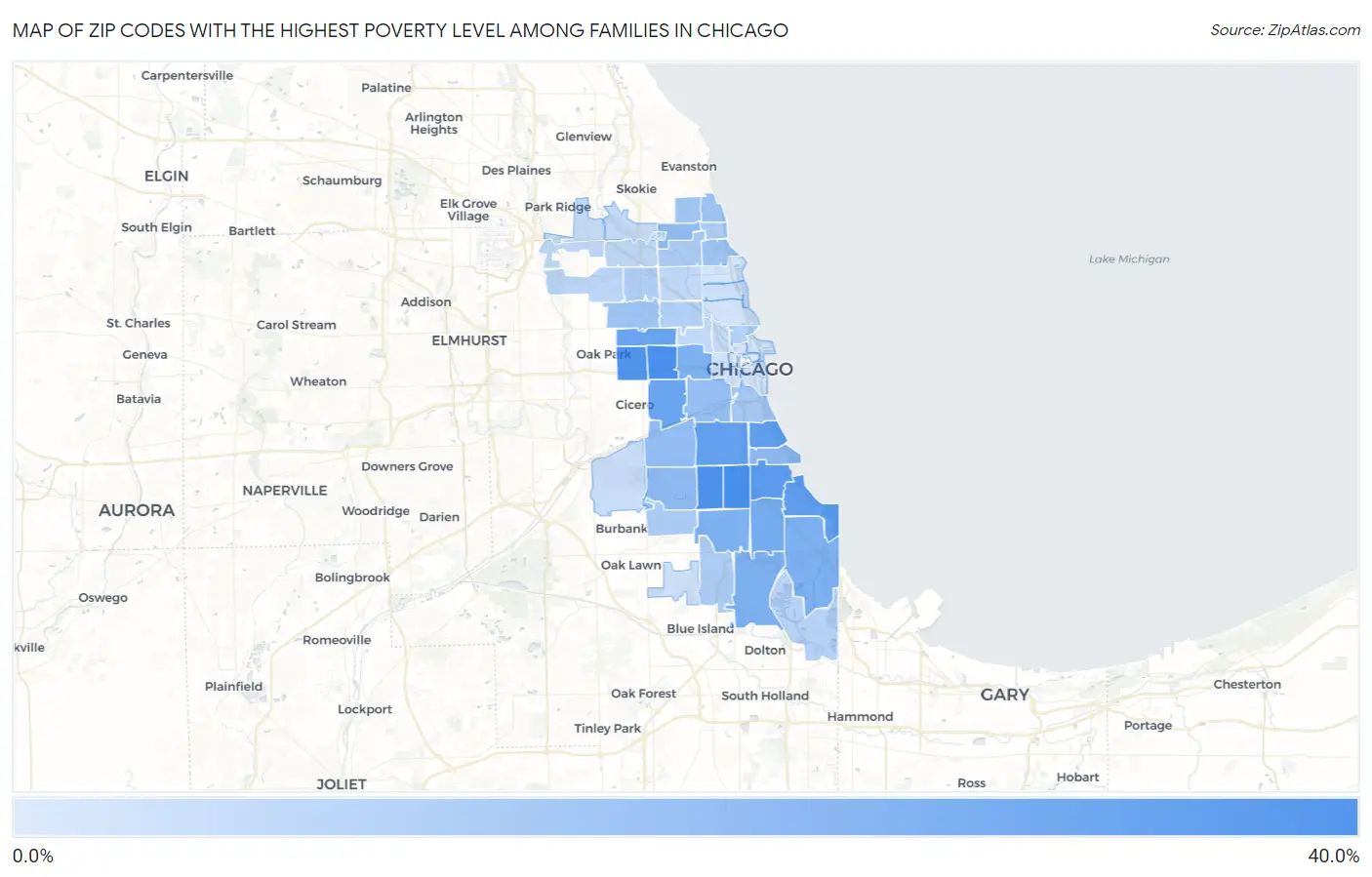 Zip Codes with the Highest Poverty Level Among Families in Chicago Map