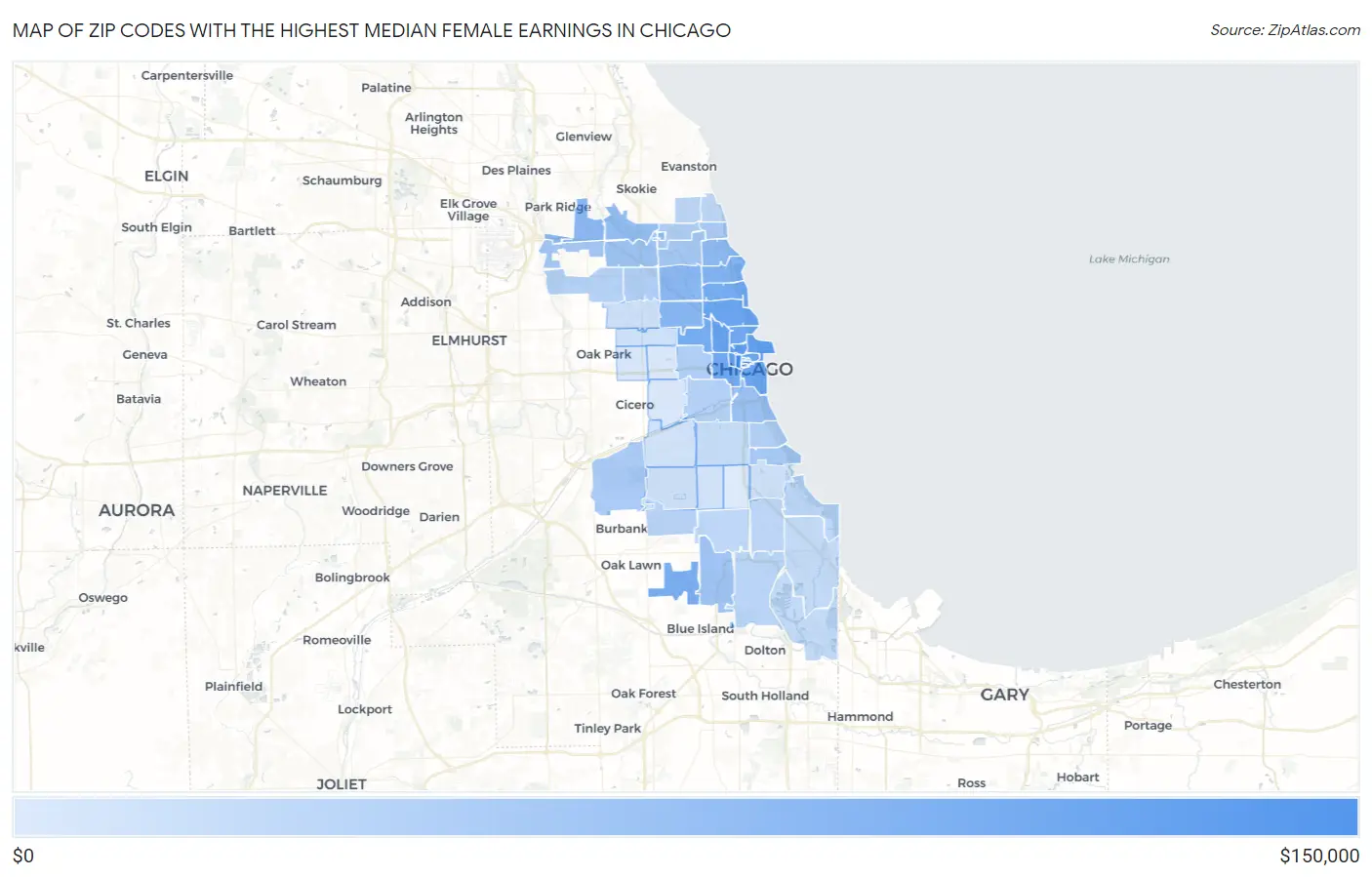 Zip Codes with the Highest Median Female Earnings in Chicago Map