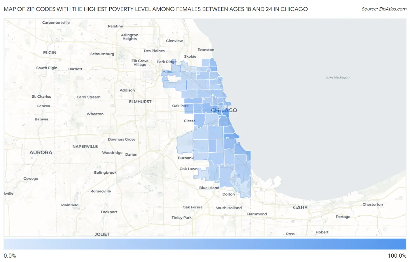 Zip Codes with the Highest Poverty Level Among Females Between Ages 18 and 24 in Chicago Map