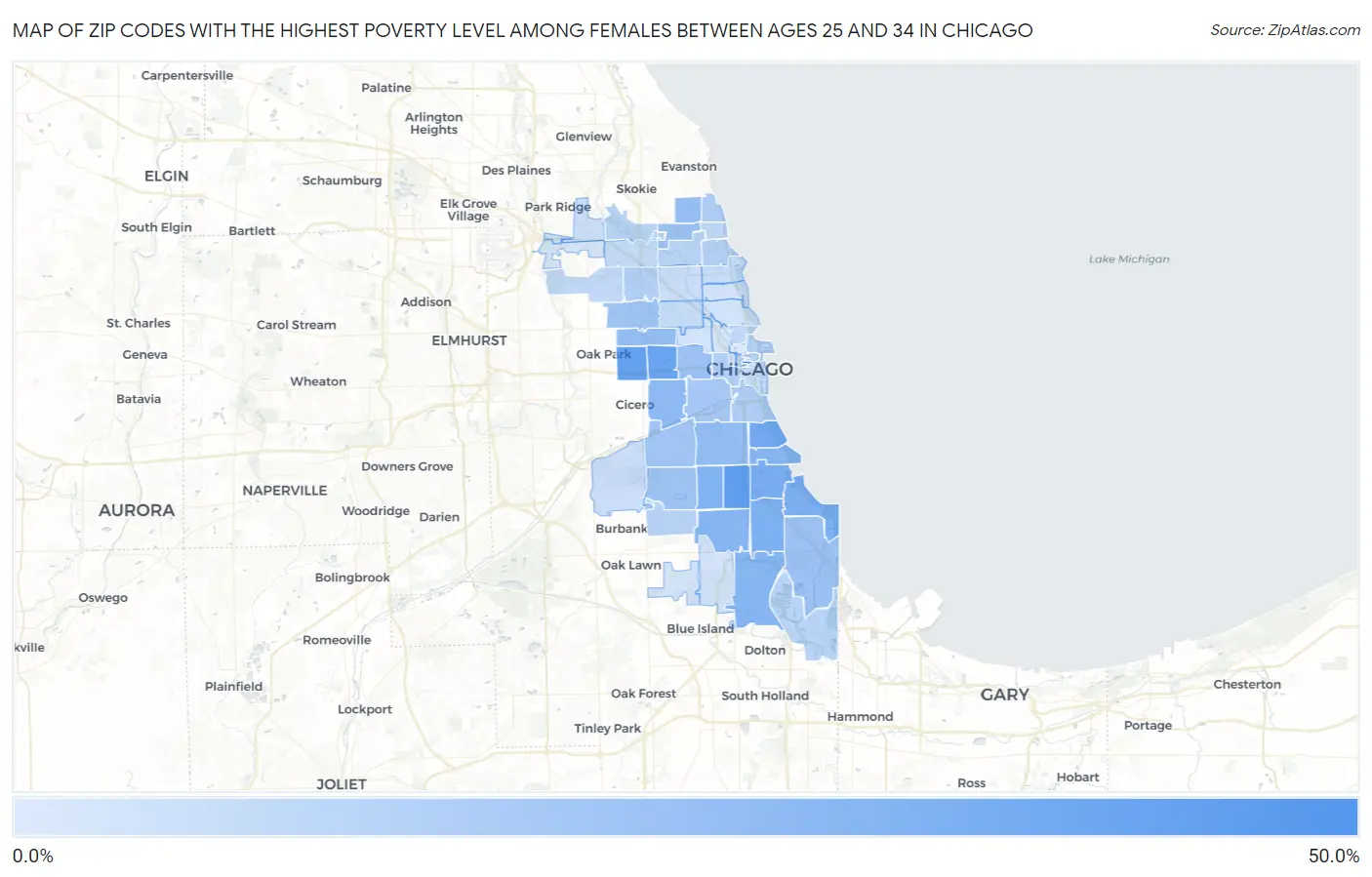 Zip Codes with the Highest Poverty Level Among Females Between Ages 25 and 34 in Chicago Map