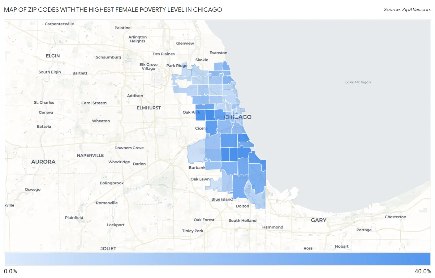Zip Codes with the Highest Female Poverty Level in Chicago Map