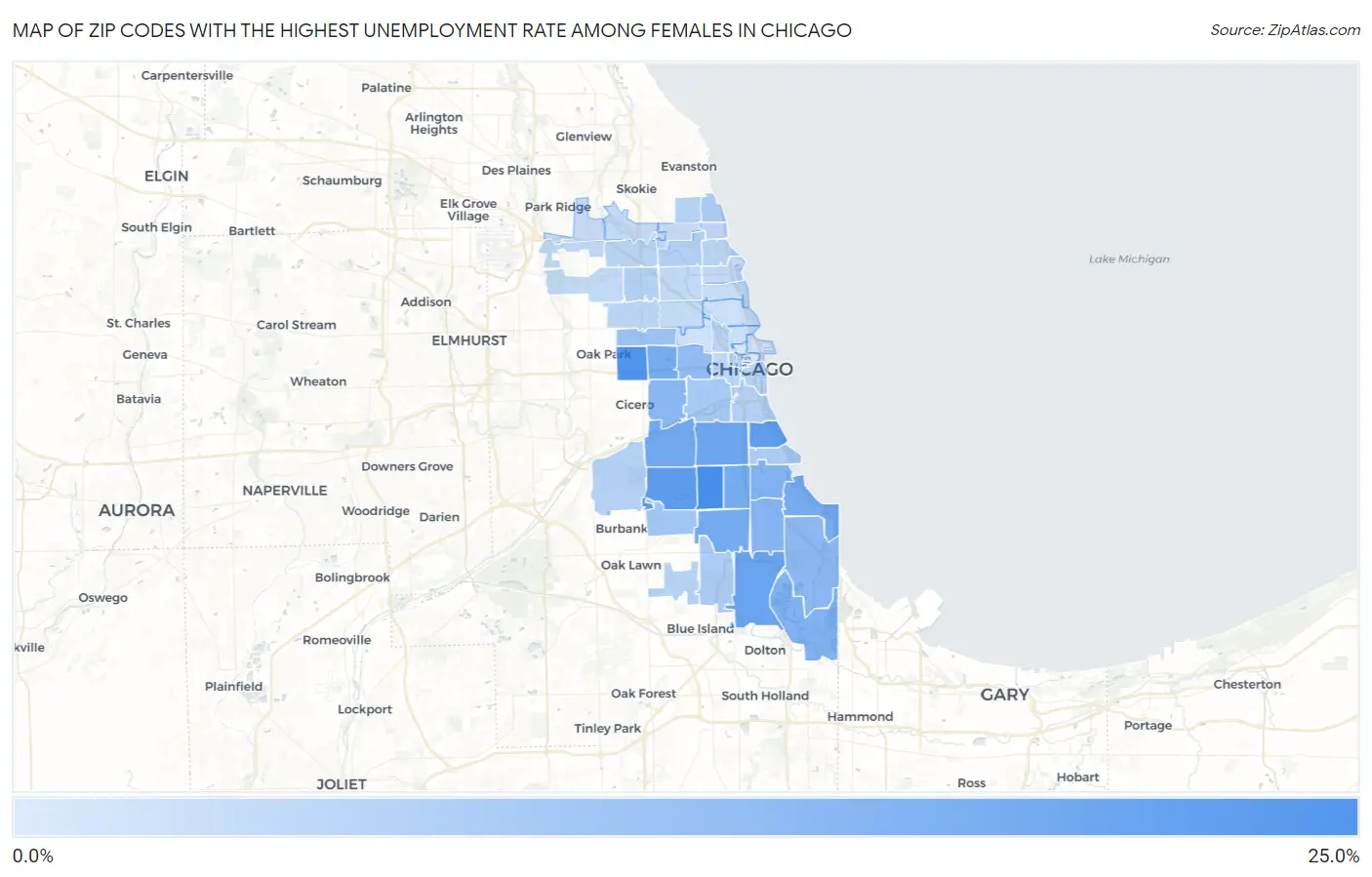 Zip Codes with the Highest Unemployment Rate Among Females in Chicago Map