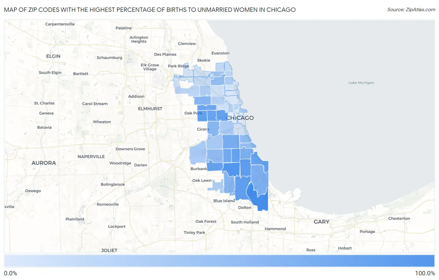 Zip Codes with the Highest Percentage of Births to Unmarried Women in Chicago Map
