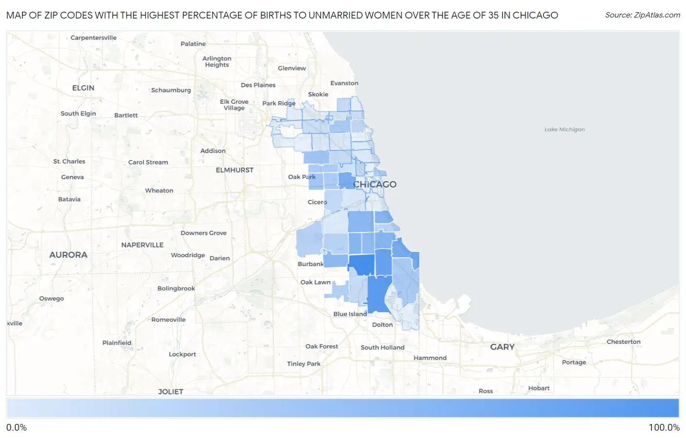 Zip Codes with the Highest Percentage of Births to Unmarried Women over the Age of 35 in Chicago Map