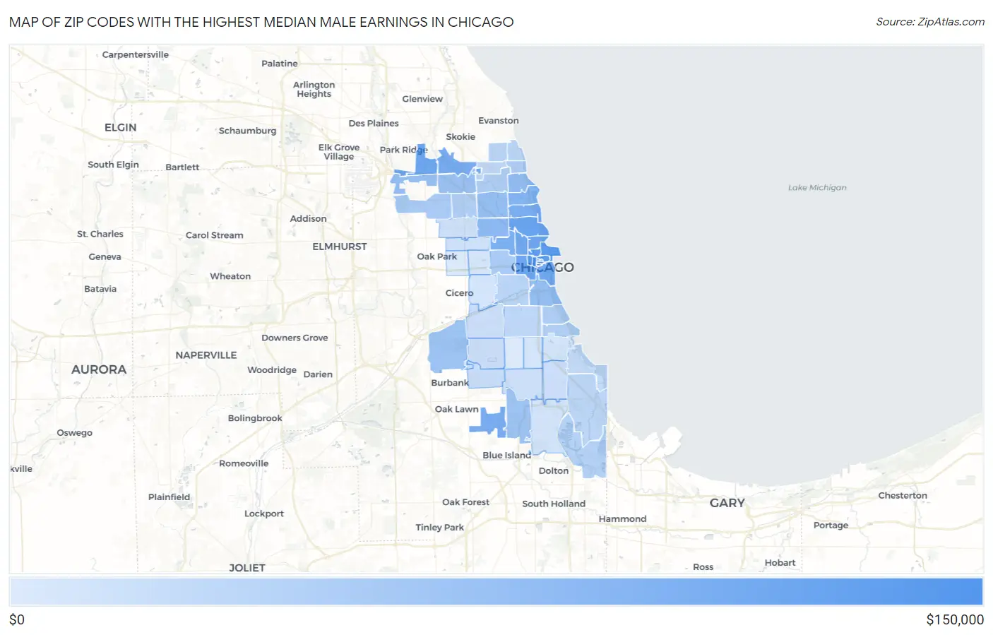 Zip Codes with the Highest Median Male Earnings in Chicago Map