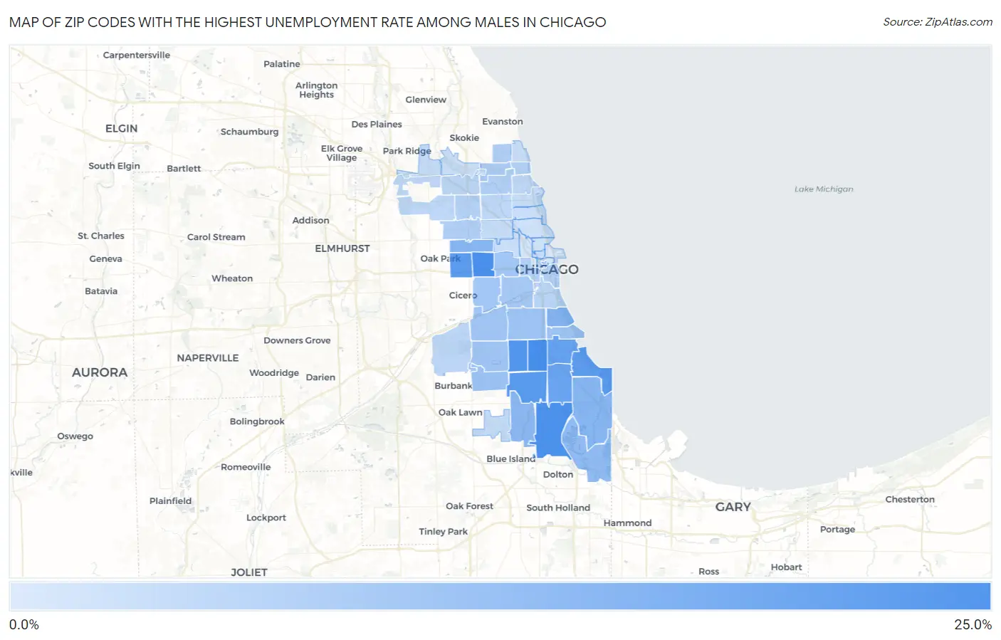 Zip Codes with the Highest Unemployment Rate Among Males in Chicago Map