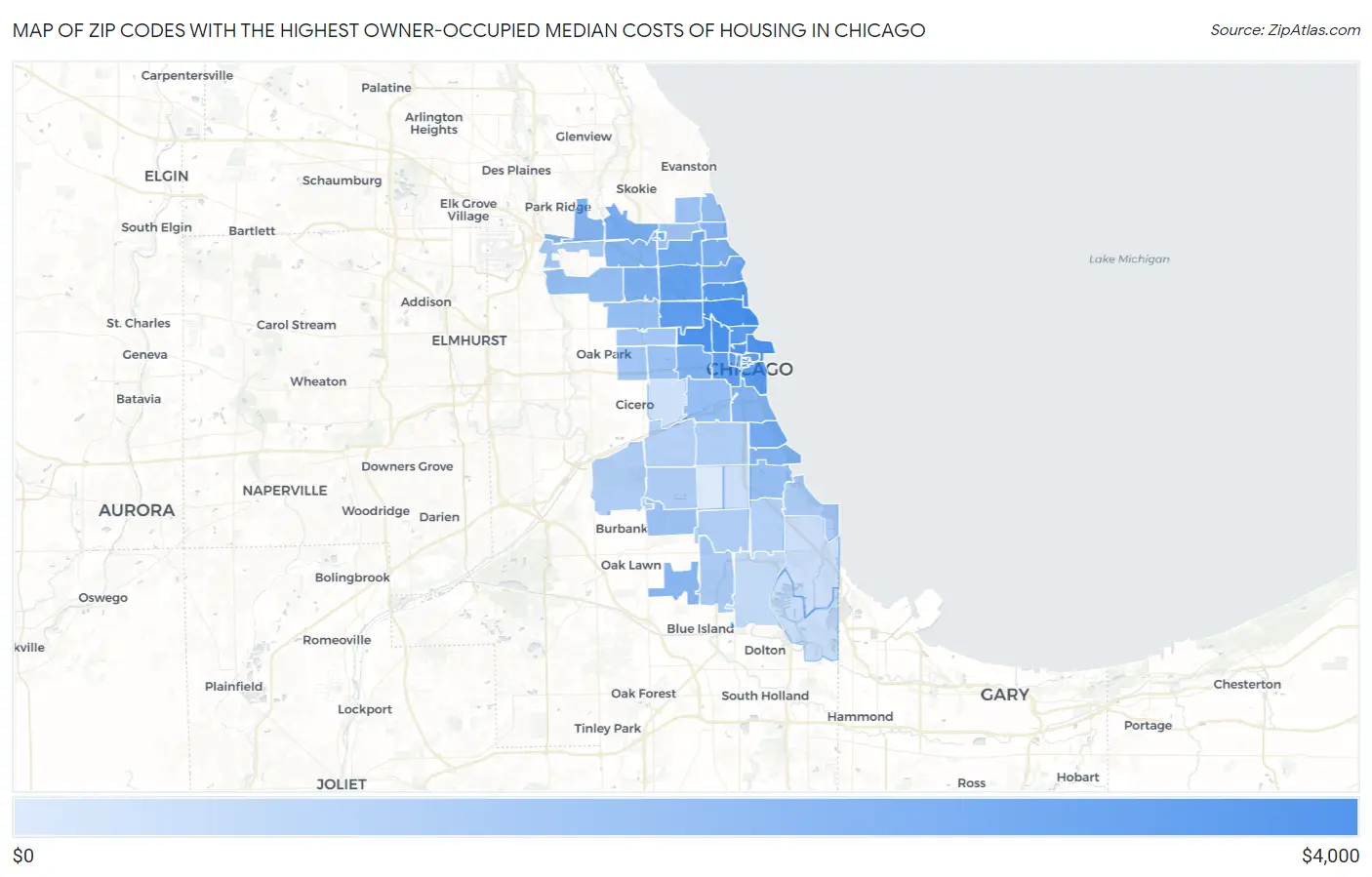 Zip Codes with the Highest Owner-Occupied Median Costs of Housing in Chicago Map