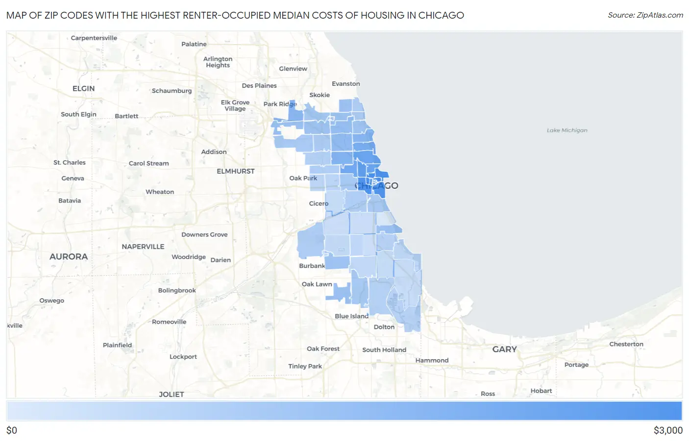 Zip Codes with the Highest Renter-Occupied Median Costs of Housing in Chicago Map