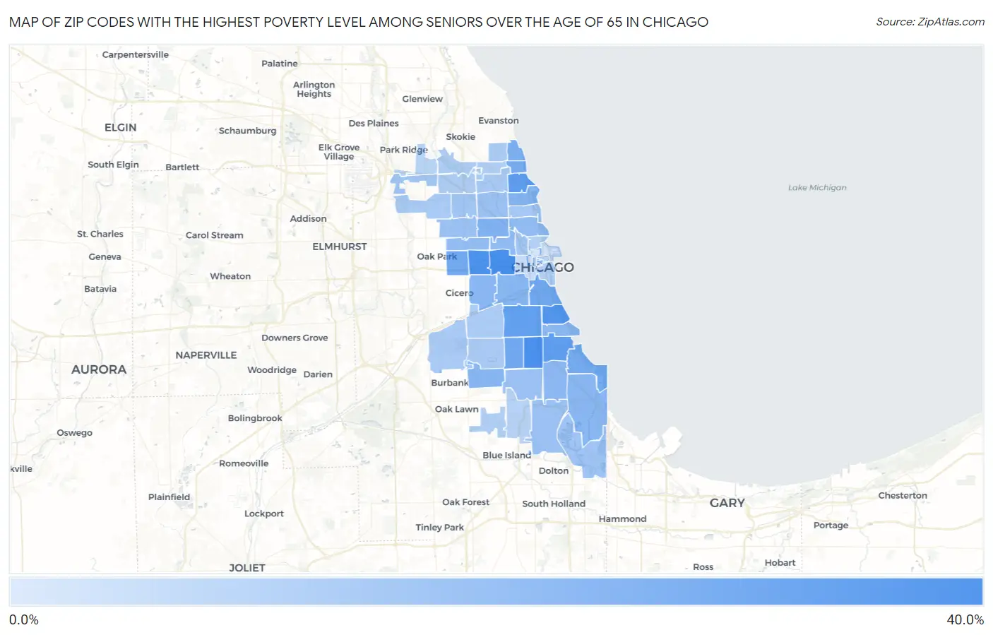 Zip Codes with the Highest Poverty Level Among Seniors Over the Age of 65 in Chicago Map