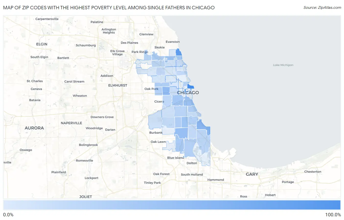 Zip Codes with the Highest Poverty Level Among Single Fathers in Chicago Map