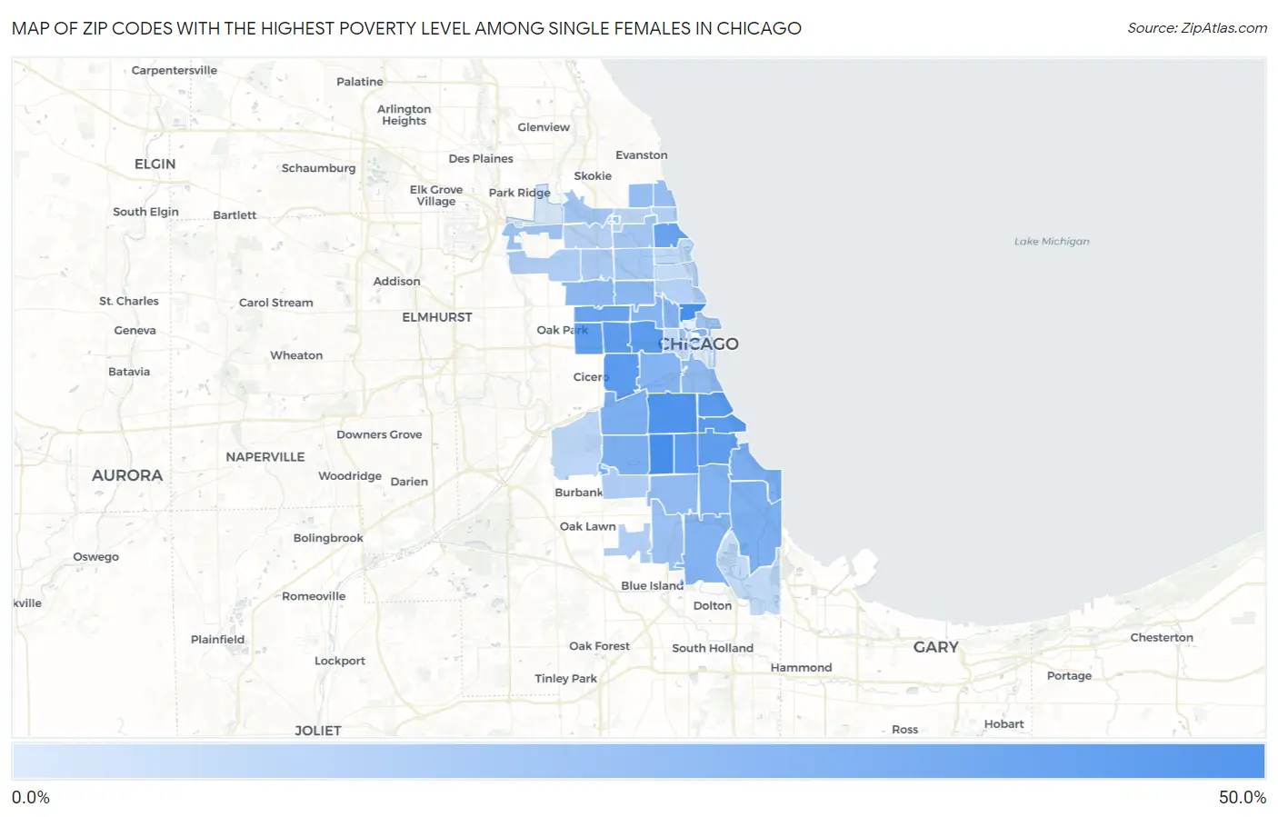 Zip Codes with the Highest Poverty Level Among Single Females in Chicago Map