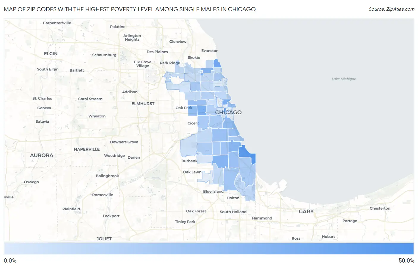 Zip Codes with the Highest Poverty Level Among Single Males in Chicago Map