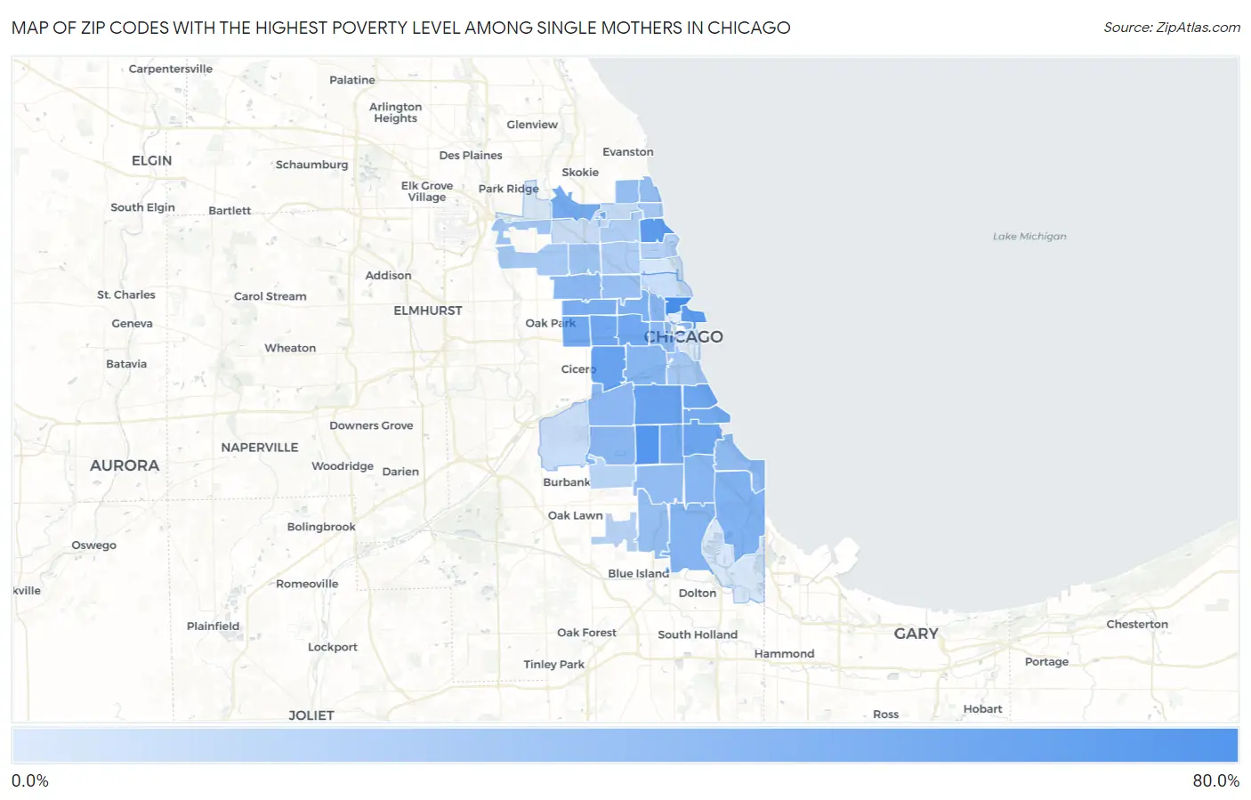 Zip Codes with the Highest Poverty Level Among Single Mothers in Chicago Map