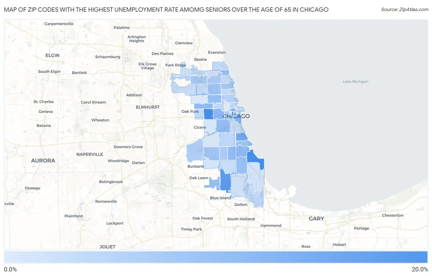 Zip Codes with the Highest Unemployment Rate Amomg Seniors Over the Age of 65 in Chicago Map
