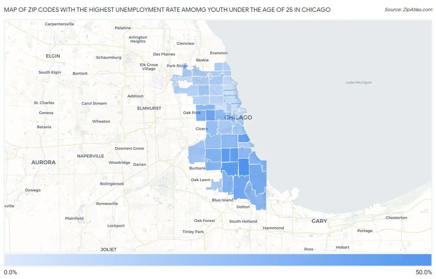 Zip Codes with the Highest Unemployment Rate Amomg Youth Under the Age of 25 in Chicago Map