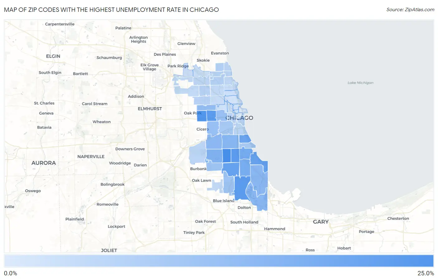 Zip Codes with the Highest Unemployment Rate in Chicago Map