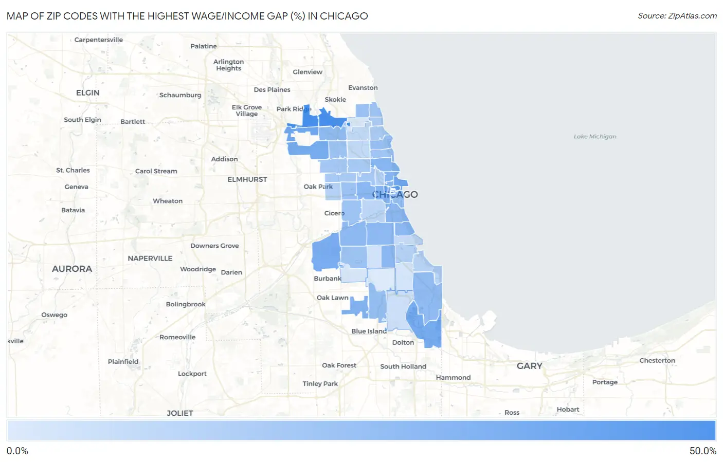 Zip Codes with the Highest Wage/Income Gap (%) in Chicago Map