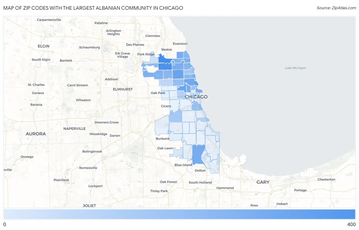 Zip Codes with the Largest Albanian Community in Chicago Map